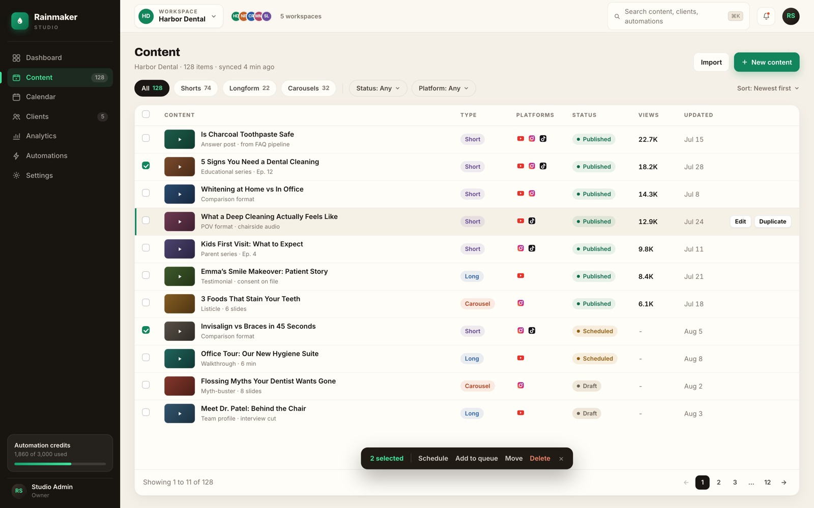 The studio content library: shorts, longform and carousels with status and view counts