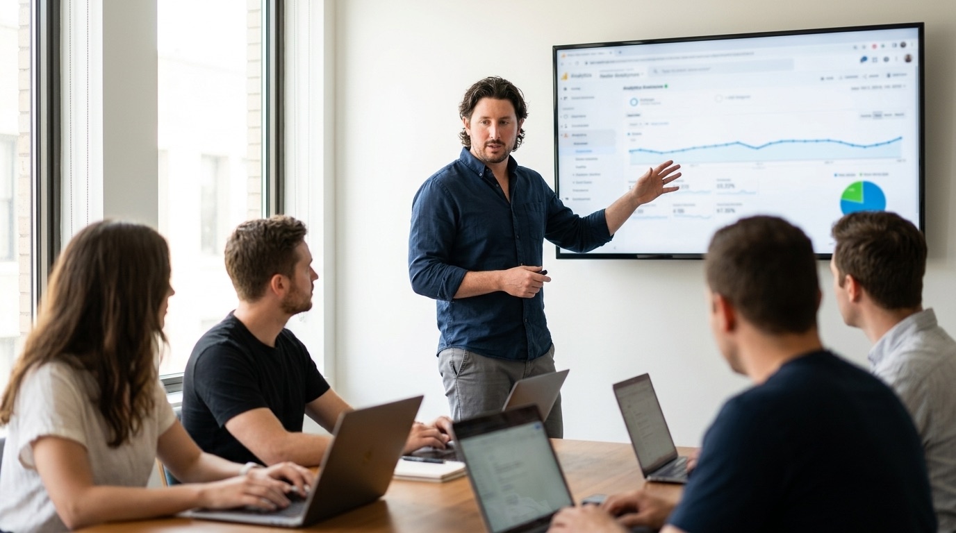 Ryne standing at a screen of analytics, walking a small team through the numbers